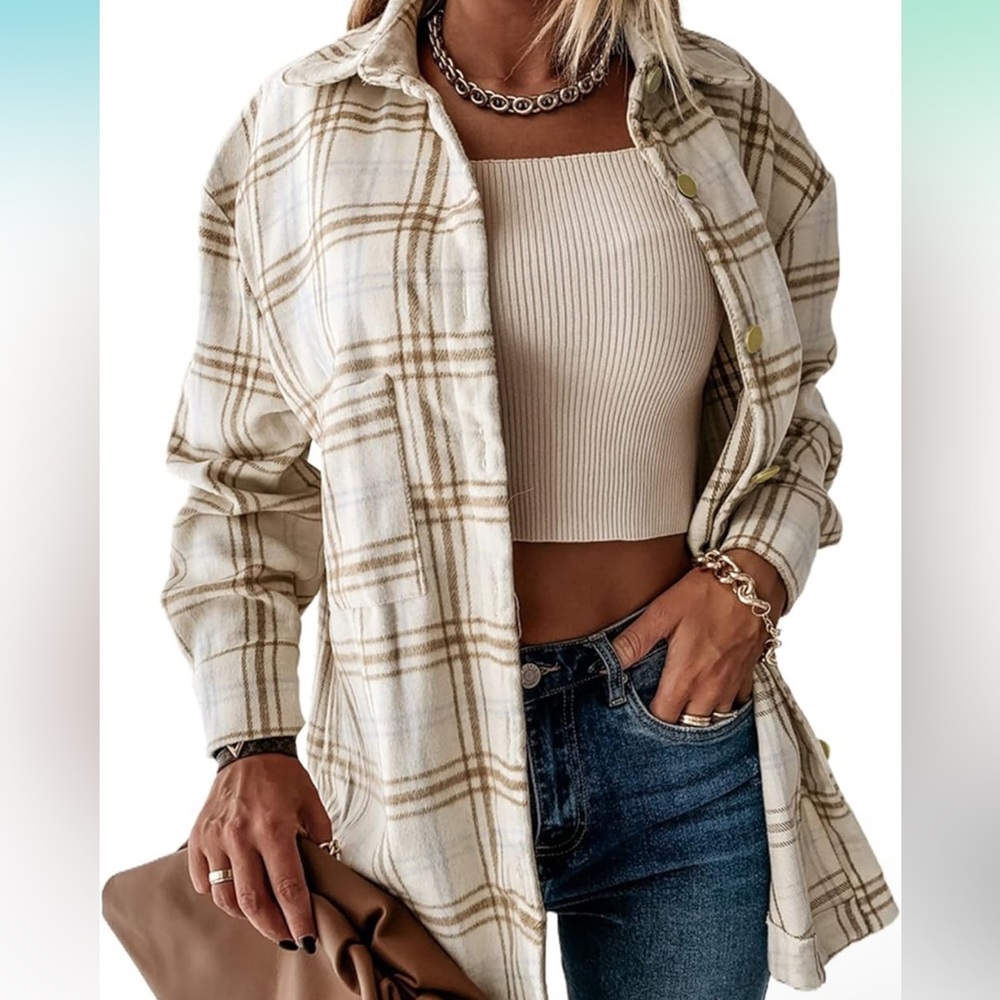 Beige Plaid Flannel Oversized Shacket Shirt Jacket